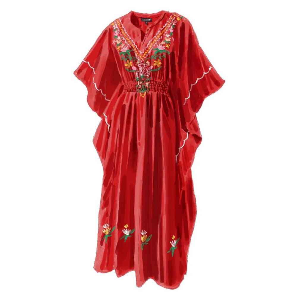 J. Peterman IKARIAN Floral Embroidered Greek Caftan Dress in Red S/M NWOT $148